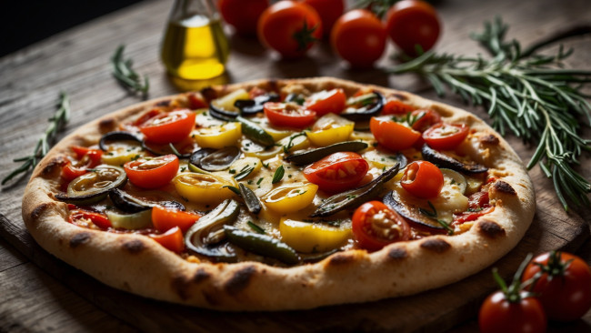 Обои картинки фото еда, пицца, помидоры, масло, розмарин