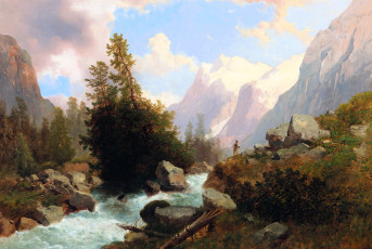 обоя рисованное, josef thoma, лес, деревья, река, осень, камни, горы, человек