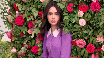 Картинка девушки lily+collins актриса шатенка жакет кусты розы