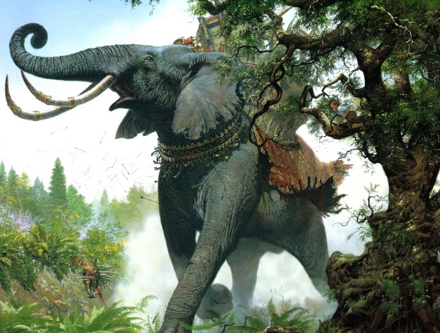 Обои картинки фото фэнтези, _lord of the rings, слон, стрелы, лес, воины