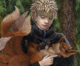 Картинка фэнтези люди парень зверь курама кьюби лис арт узумаки блондин наруто