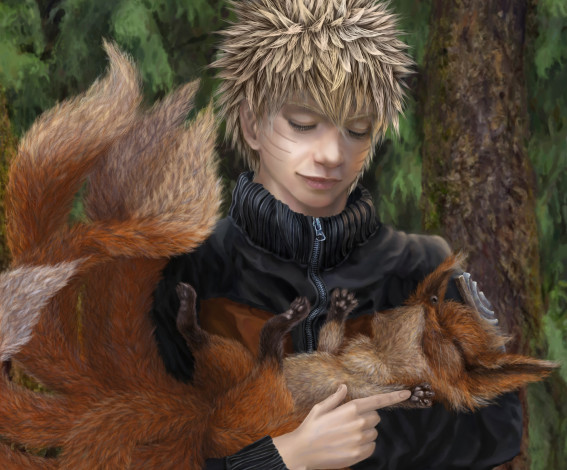 Обои картинки фото фэнтези, люди, парень, зверь, курама, кьюби, лис, арт, узумаки, блондин, наруто