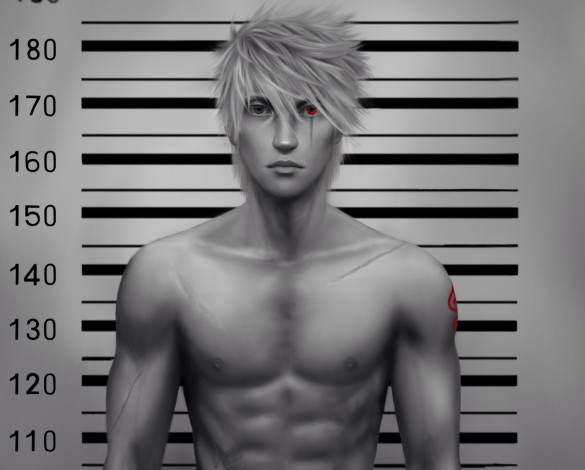 Обои картинки фото фэнтези, люди, хатаке, какаши, арт, шрамы, взгляд, мускулы, шаринган, тело, парень