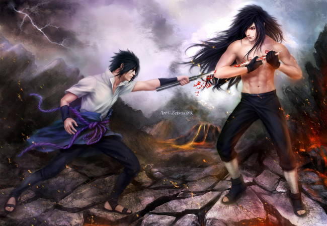 Обои картинки фото фэнтези, люди, учиха, кровь, меч, арт, парни, тучи, молнии, выпад, мадара, саске