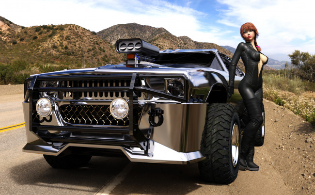 Обои картинки фото автомобили, 3d car&girl, автомобиль, девушка, взгляд, фон