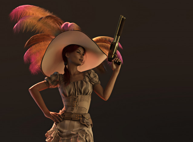 Обои картинки фото 3д графика, люди , people, оружие, фон, взгляд, девушка