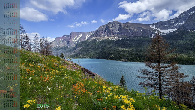 Обои картинки фото календари, природа, деревья, цветы, скала, водоем, 2018, облака