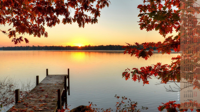 Обои картинки фото календари, природа, водоем, 2018, деревья, листья, закат