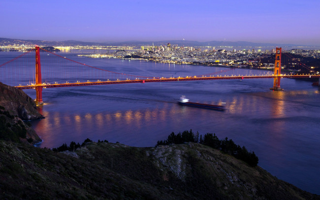 Обои картинки фото города, сан-франциско , сша, река, вечер, мост, панорама, огни