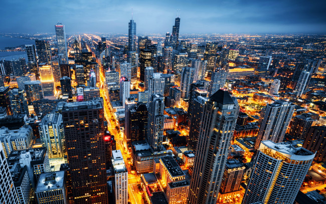 Обои картинки фото города, чикаго , сша, огни, ночь, небоскребы