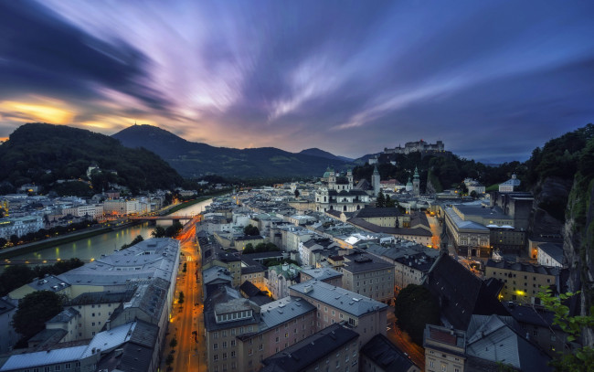 Обои картинки фото salzburg,  austria, города, зальцбург , австрия, вечер, закат, достопримечательность, зальцбург, красивые, дома, крепость, гогенцоллерн