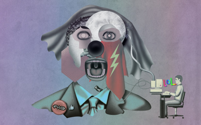 Обои картинки фото рисованное, - другое, пиджак, компьютер, человек, рот, глаза