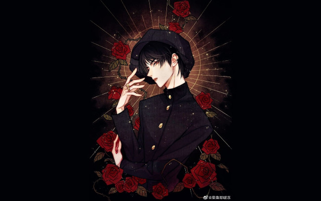 Обои картинки фото рисованное, люди, розы, берет, ван, ибо