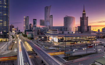обоя города, варшава , польша, закат, высотные, здания, дороги, панорама