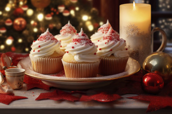 Картинка праздничные угощения свеча шарики кексы