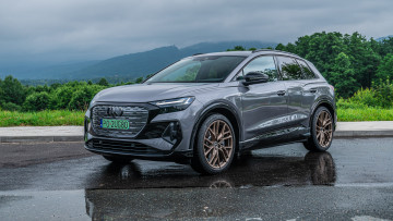 Картинка audi+q4+40+e-tron+s+line+quattro+edition+one автомобили audi серебристый горы лес лужи