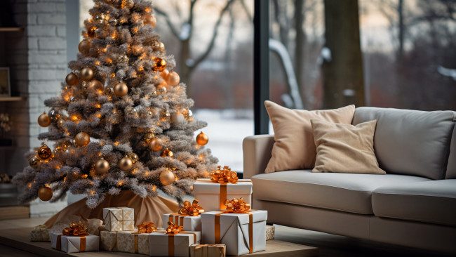 Обои картинки фото праздничные, ёлки, серебристая, елка, шарики, подарки