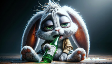 обоя 3д графика, юмор , humor, кролик, алкоголик, бутылка