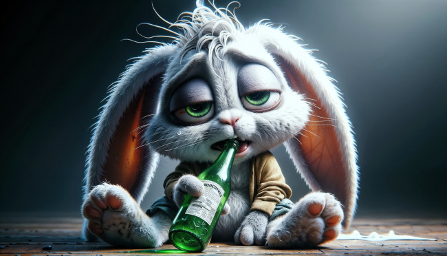 Обои картинки фото 3д графика, юмор , humor, кролик, алкоголик, бутылка