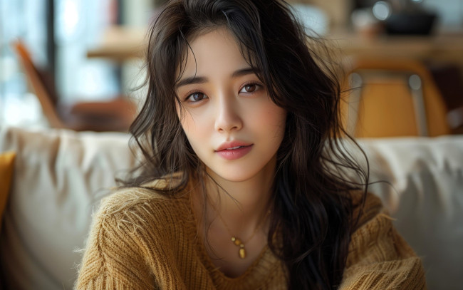 Обои картинки фото 3д графика, люди , people, девушка, азиатка, шатенка, лицо, свитер, диван