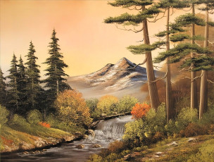 Картинка bob+ross рисованное природа лес горы река водопад