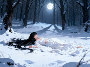Картинка аниме зима +новый+год +рождество девушка платье мех снег лес деревья луна