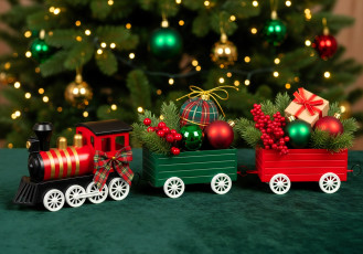 Картинка праздничные украшения ёлка игрушки огни паровозик