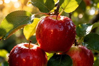 обоя 3д графика, еда-, food, яблоки, красные, листья, капли