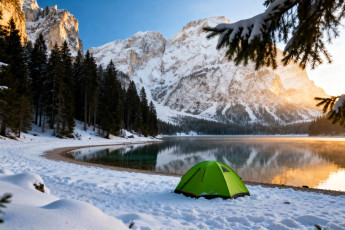обоя 3д графика, природа , nature, горы, снег, зима, лес, озеро, палатка