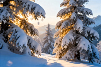 обоя 3д графика, природа , nature, ёлки, лес, свет, снежинки, снег, зима