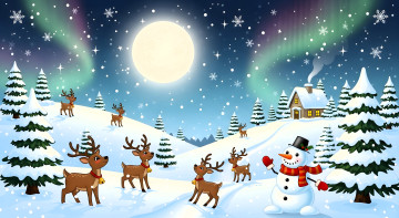 Картинка рисованное праздники снежинки домик ёлки снег олени снеговик
