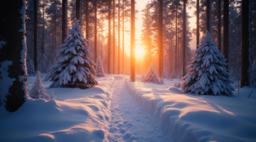 обоя 3д графика, природа , nature, лес, снег, закат, дорожка