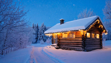 Картинка 3д+графика праздники+ holidays дом свет гирлянда снег зима лес деревья сумерки