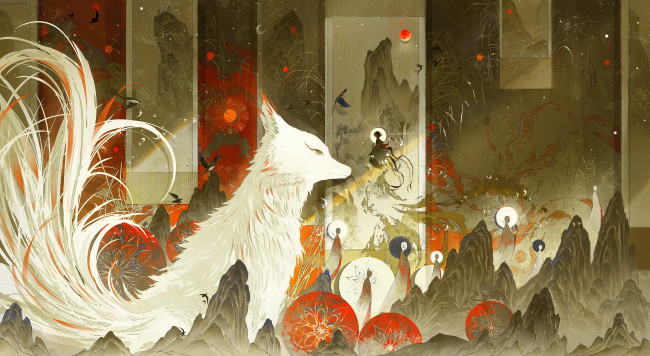 Обои картинки фото аниме, животные,  существа, лиса