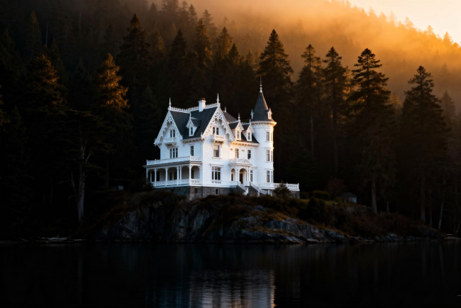 Обои картинки фото 3д графика, архитектура , architecture, особняк, лес, озеро, закат