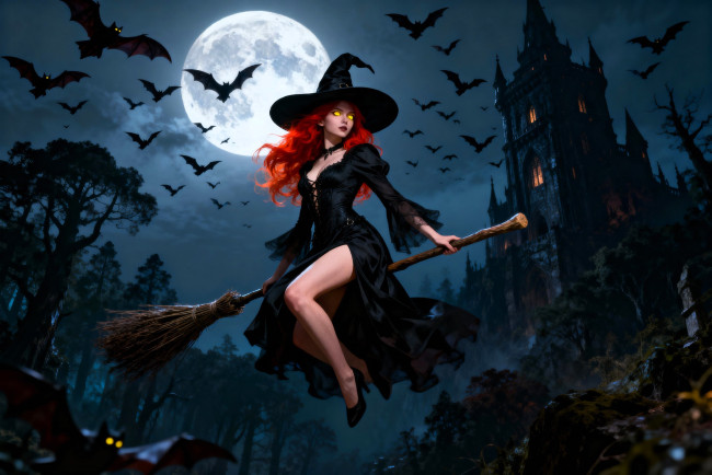 Обои картинки фото 3д графика, фантазия , fantasy, девушка, ведьма, шляпа, платье, метла, летучие, мыши, луна, ночь, лес, замок