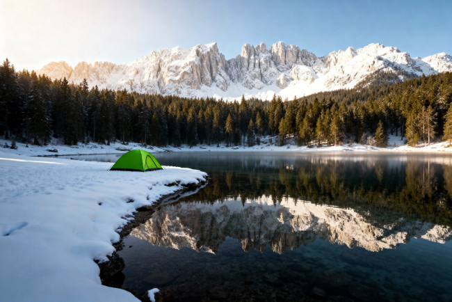 Обои картинки фото 3д графика, природа , nature, горы, снег, зима, лес, озеро, палатка