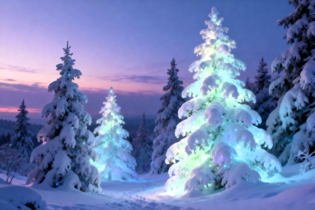Обои картинки фото 3д графика, природа , nature, ёлки, лес, свет, закат, снег, зима