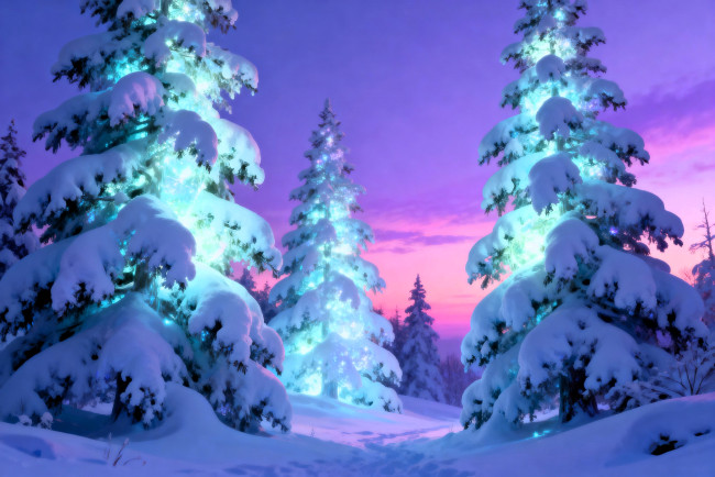 Обои картинки фото 3д графика, природа , nature, ёлки, лес, свет, закат, снег, зима