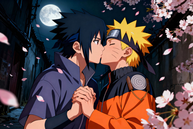 Обои картинки фото аниме, naruto, узумаки, наруто, учиха, саске, поцелуй, цветение, луна, дома