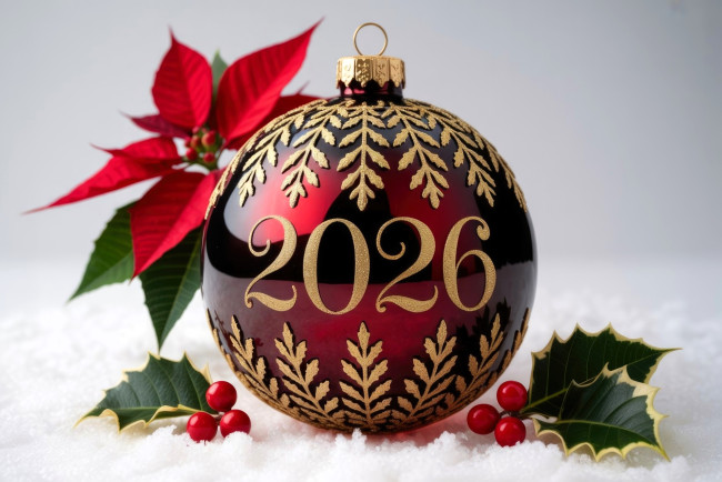 Обои картинки фото праздничные, - разное , новый год, шар, год, цифры, ягоды, листья, снег