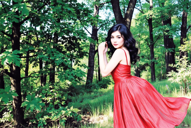 Обои картинки фото разное, компьютерный дизайн, девушка, брюнетка, платье, лес