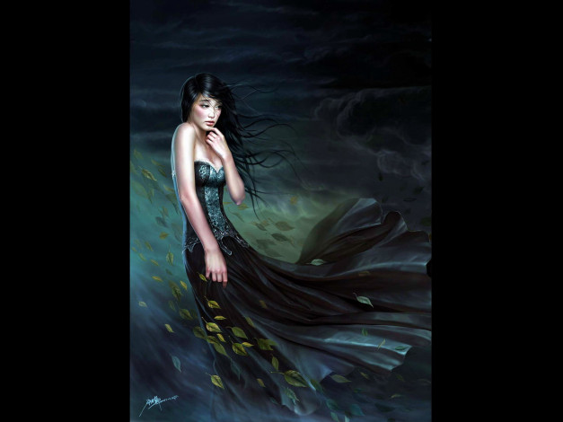 Обои картинки фото осенний, ветер, рисованные, люди