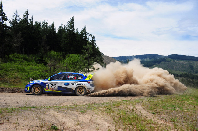 Обои картинки фото спорт, авторалли, subaru, rally, пыль, лес, холмы, гонка