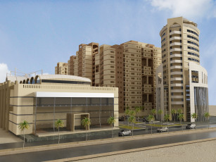 Картинка 3д+графика architecture+ архитектура деревья дома автомобили улица