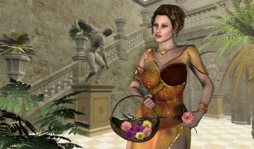 Картинка 3д+графика people+ люди лесница цветы корзина девушка