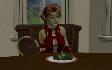 Картинка 3д+графика fantasy+ фантазия девушка кошка комната стол