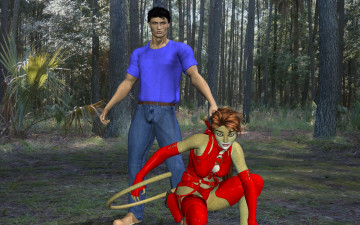 Картинка 3д+графика fantasy+ фантазия лес мужчина девушка кошка