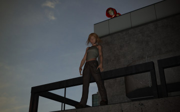 Картинка 3д+графика fantasy+ фантазия ночь девушка балкон кошка