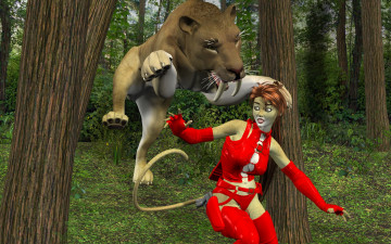 Картинка 3д+графика fantasy+ фантазия зверь девушка кошка лес